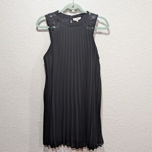 Entro Women Pleated Mini Dress S Black Sleeveless Keyhole Lace Cocktail LBD